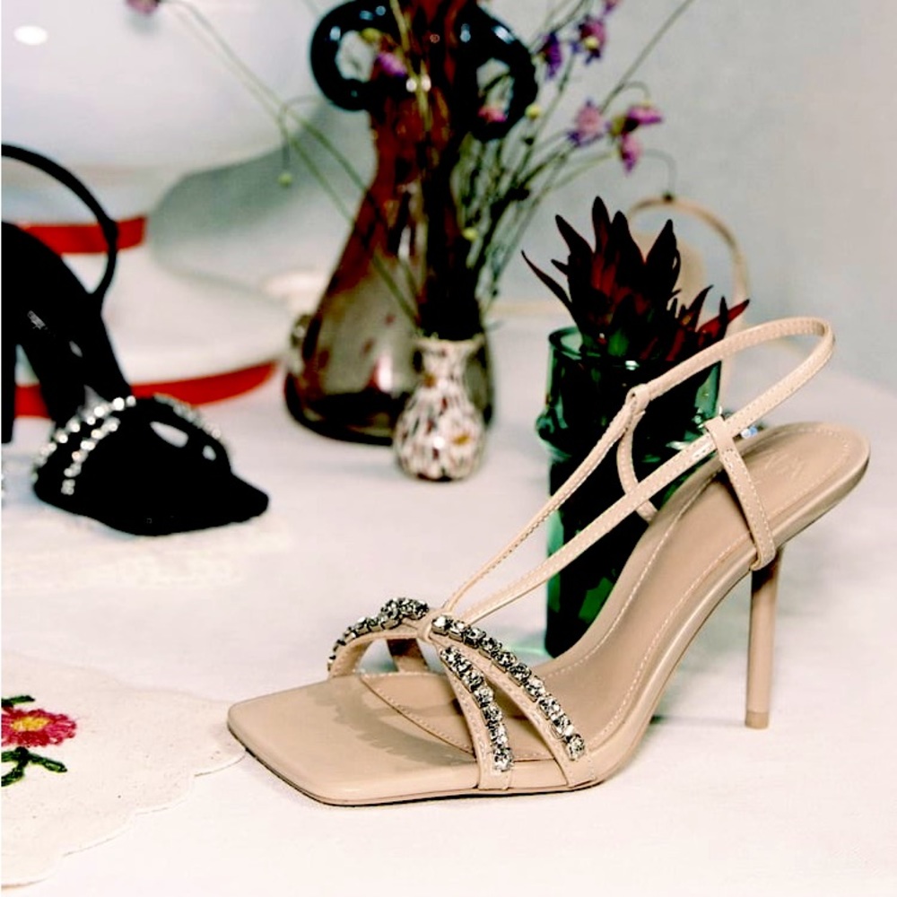 Zara Beige Rhinestone High Heel Sandals - Picture 11 of 16